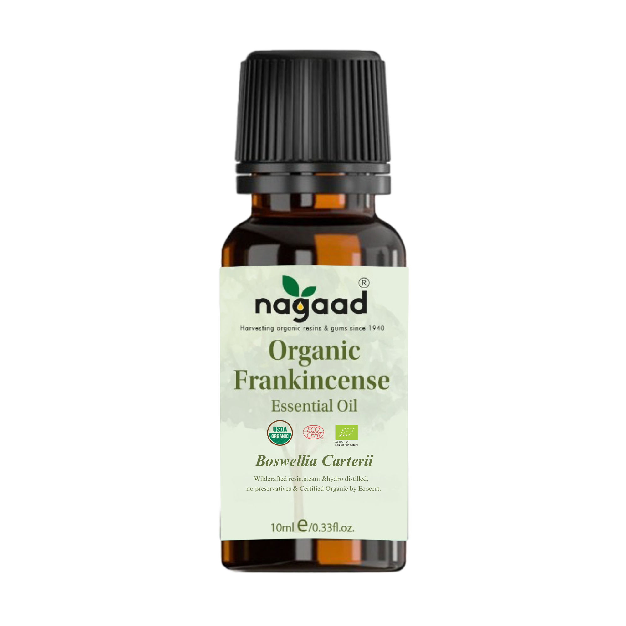 A bottle of Nagaad Frankincense essential oil with a black cap.