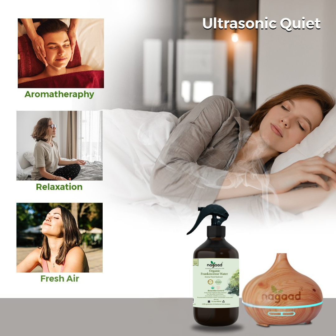 Frankincense essential oil bottle and diffuser with text overlay on a blurred background.