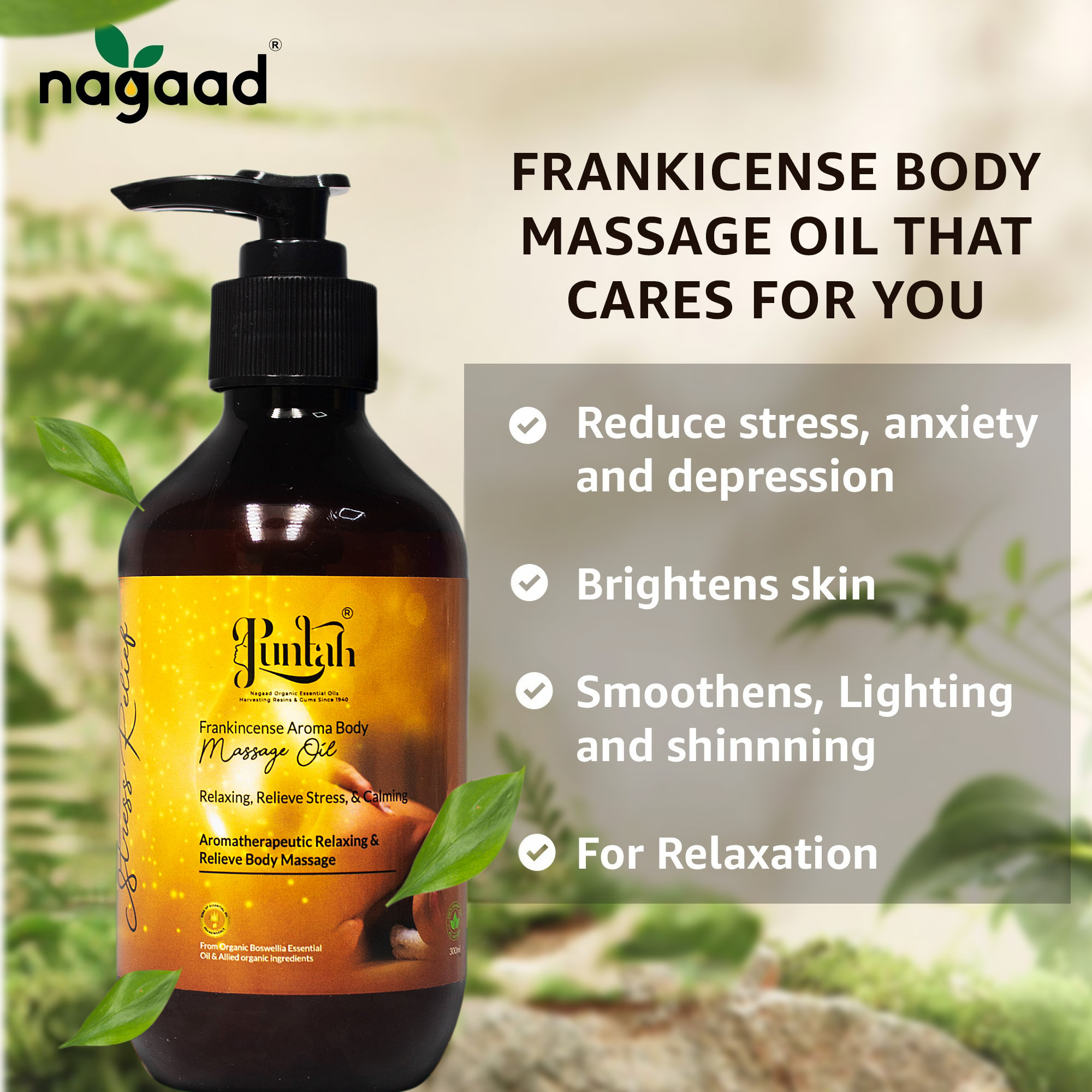 Green palm leaf beside blank white cards on a plain background.