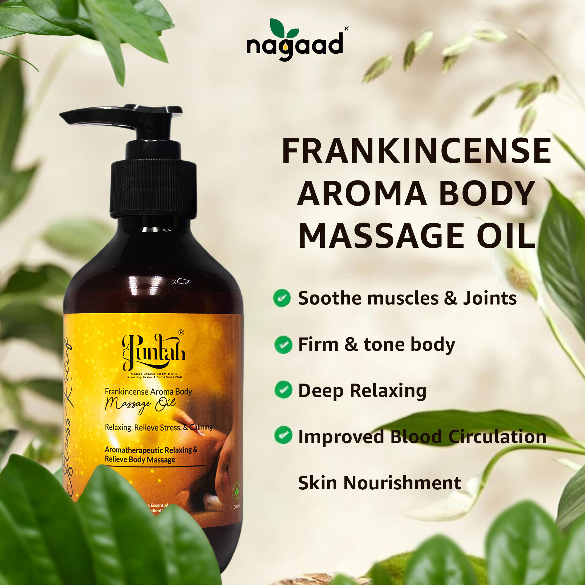 Green palm leaf beside blank white cards on a plain background.