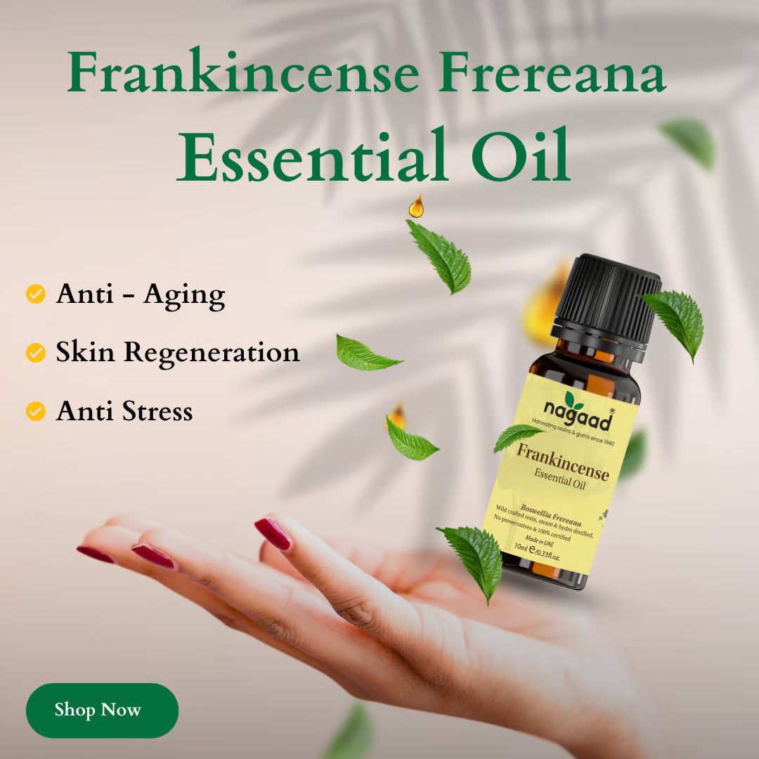 Frankincense essential oil bottle and diffuser with text overlay on a blurred background.