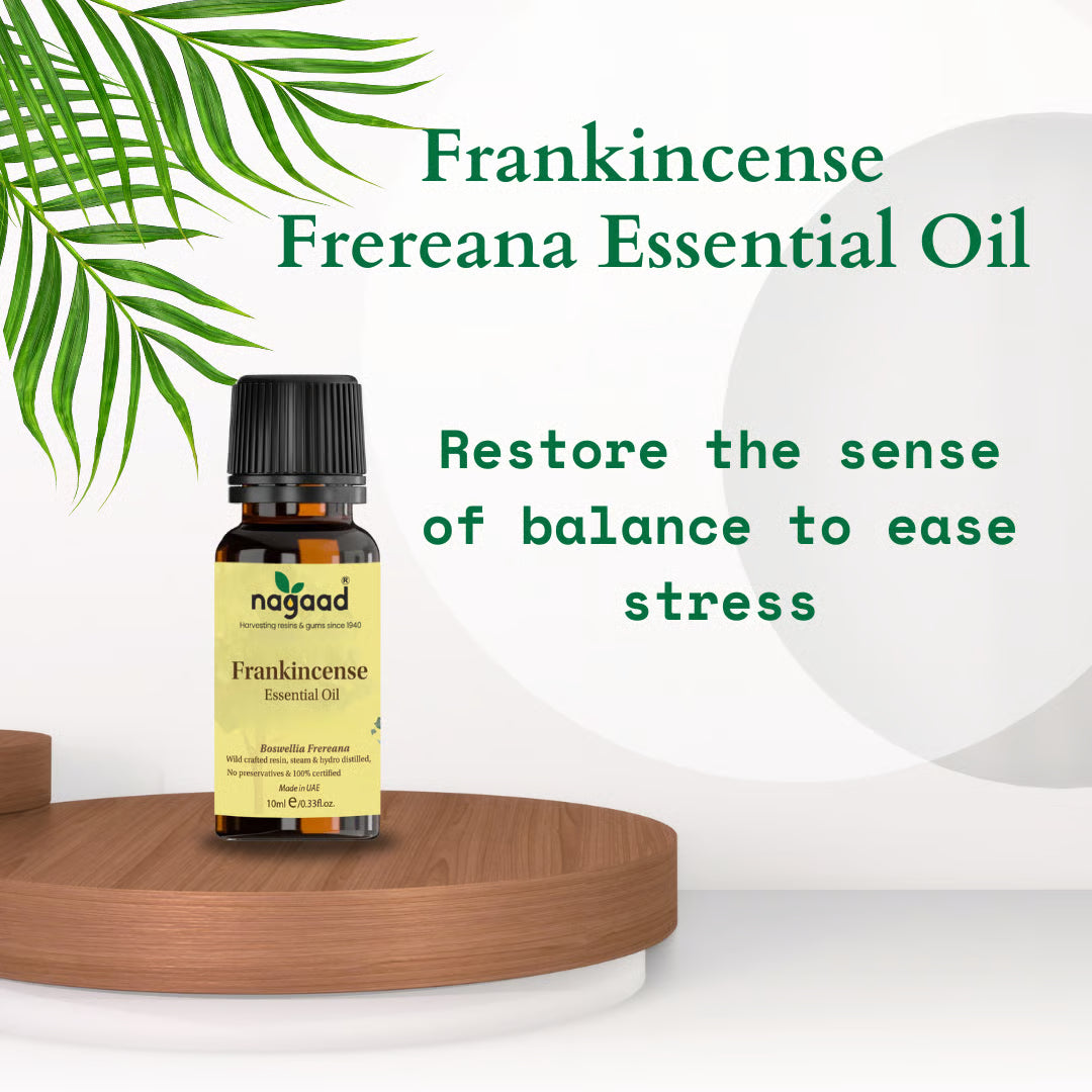 Frankincense essential oil bottle with benefits listed: relaxation, skin support, meditation, breathing, and mental clarity.
