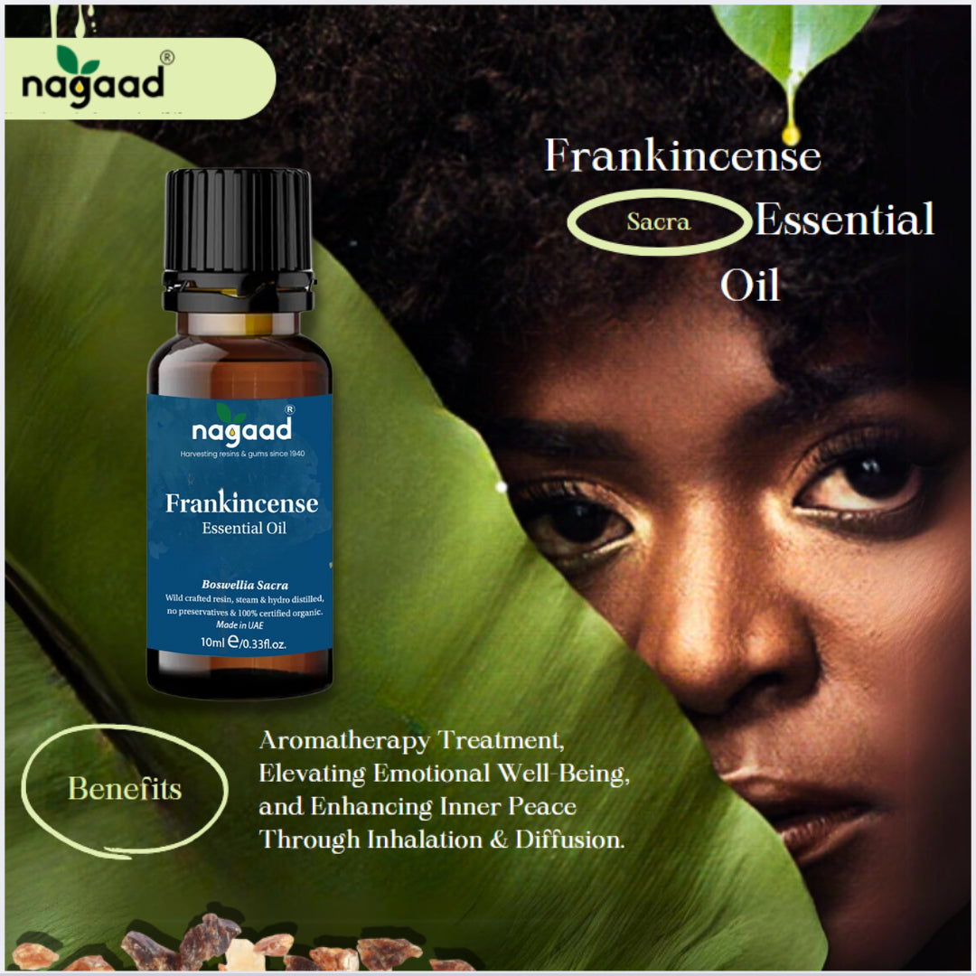 Frankincense essential oil bottle with benefits listed: relaxation, skin support, meditation, breathing, and mental clarity.