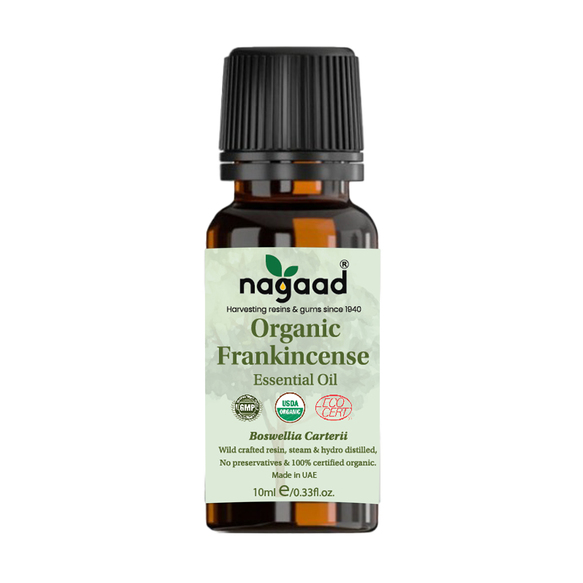 A bottle of Nagaad Frankincense essential oil with a black cap.